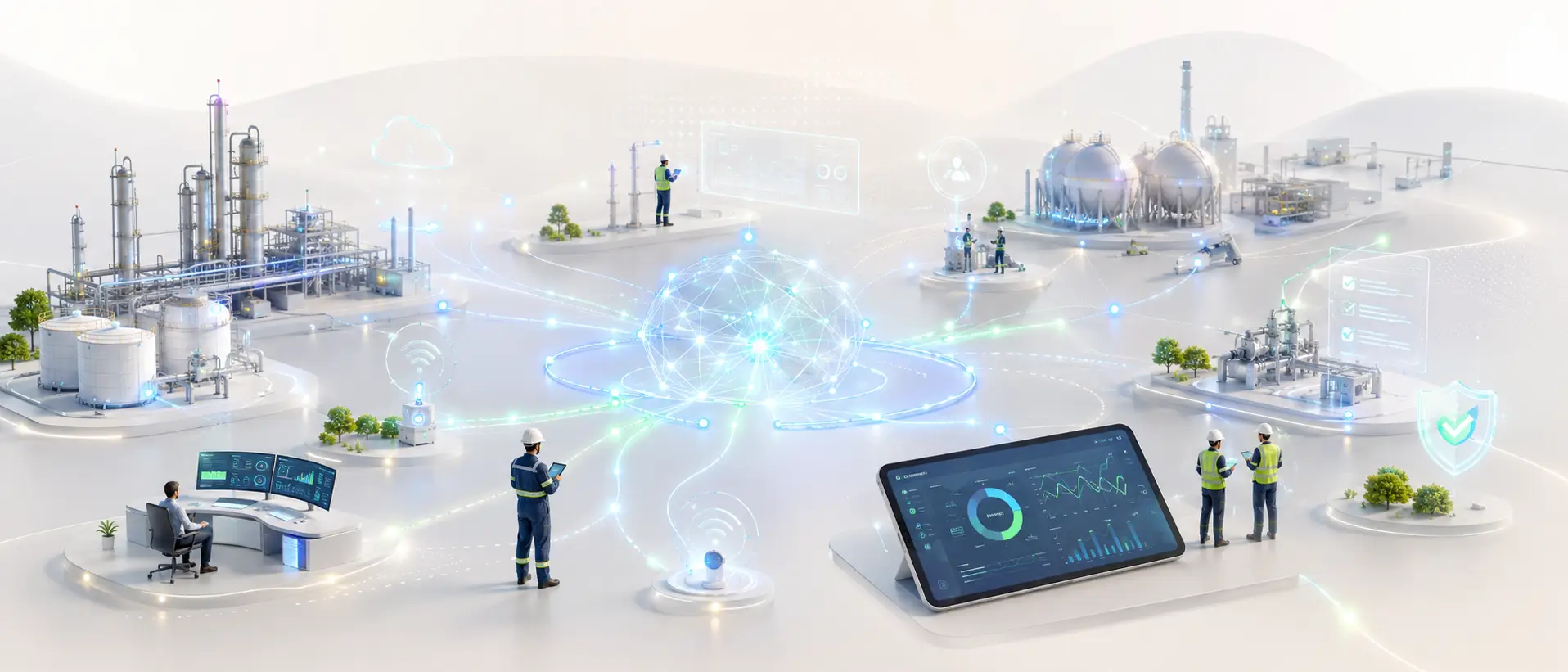 Ilustração de como o ecossistema Cesla conecta plantas industriais, operadores e dashboards digitais
